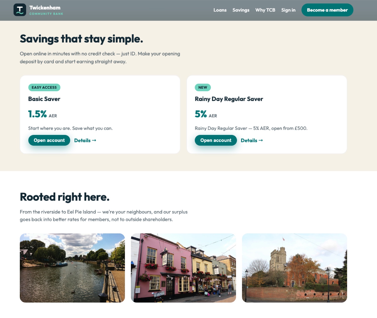 TCB savings storefront and local community section, running on N2 Platform
